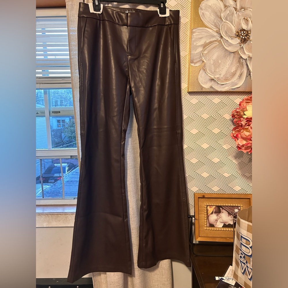 BERSHKA BROWN FAUX LEATHER FLARED TROUSER PANTS -  LARGE… NEW WITH TAGS!